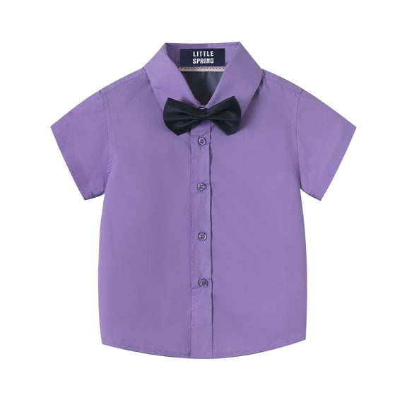 LittleSpring Boys Dress Shirt Short Sleeve Toddler Button Down Shirt with Bow Tie Solid Purple 3T