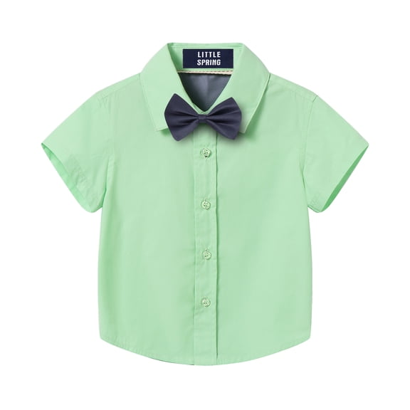 LittleSpring Boys Dress Shirt with Bow Tie Button-Down Short Sleeve for Kids Clothes Green 2T