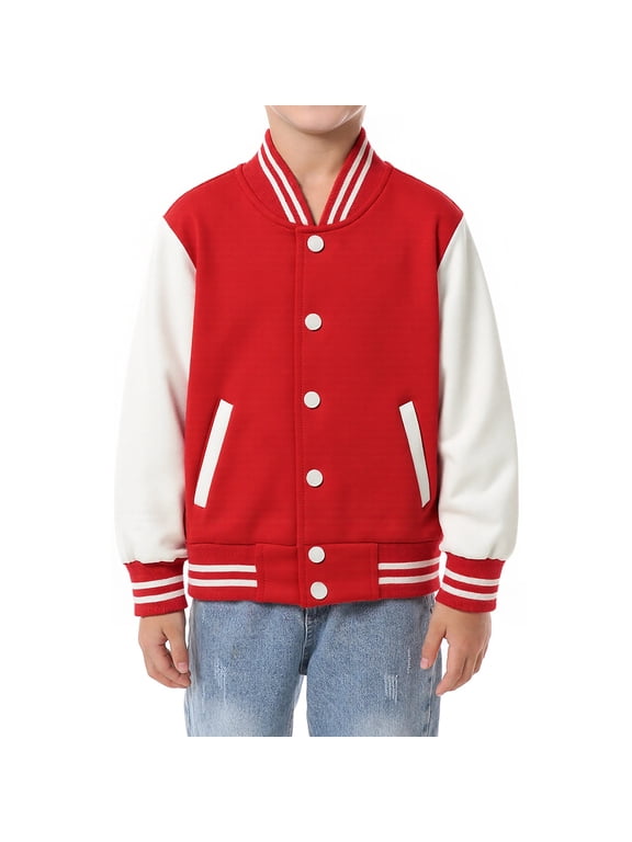 Boys Girls Baseball Jacket for Kids Red Varsity Jackets with Snap Quick Dry Casual Outerwear 3T
