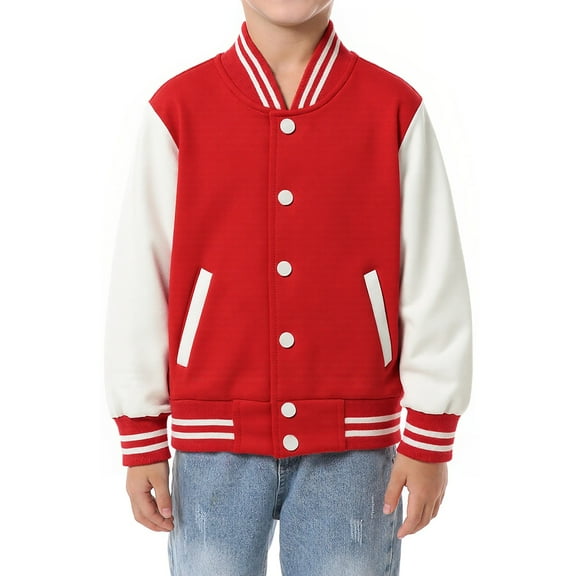 LittleSpring Boys Girls Baseball Jacket for Kids Red Varsity Jackets with Snap Quick Dry Casual Outerwear Size 7-8