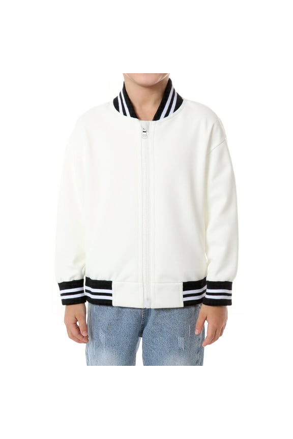 Boys Girls Bomber Jacket Zip up Toddler Varsity Baseball Jacket Lightweight Relaxed Fit White 4T