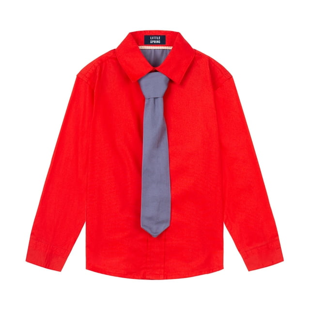 LittleSpring Boys Red Button Down Shirt with Tie Long Sleeve Dress