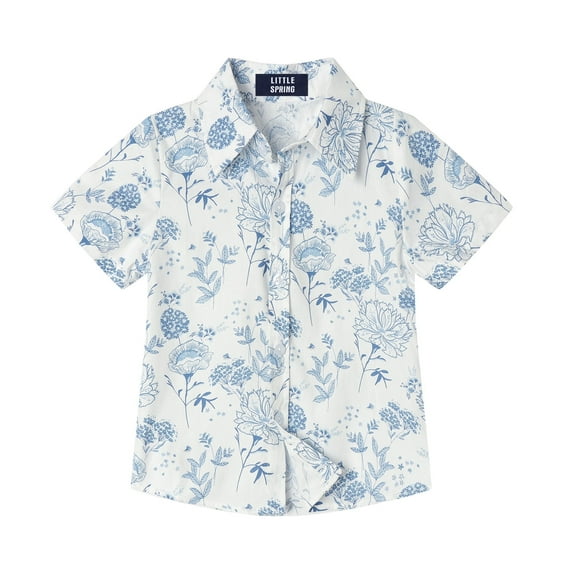 LittleSpring Boys Tropical Shirts Button Down Baby Hawaiian Shirt 18-24 Months Cute Aloha Shirt Cotton Plant Print