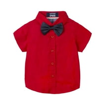 LittleSpring Button Down Dress Shirts Size 6 Little Boys Short Sleeve Uniform Shirt with Bow Tie Solid Red