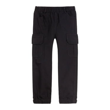 LittleSpring Cargo Pants for Boys Casual Joggers with Elastic Waist Relaxed Fit Midweight Solid Black Size 6