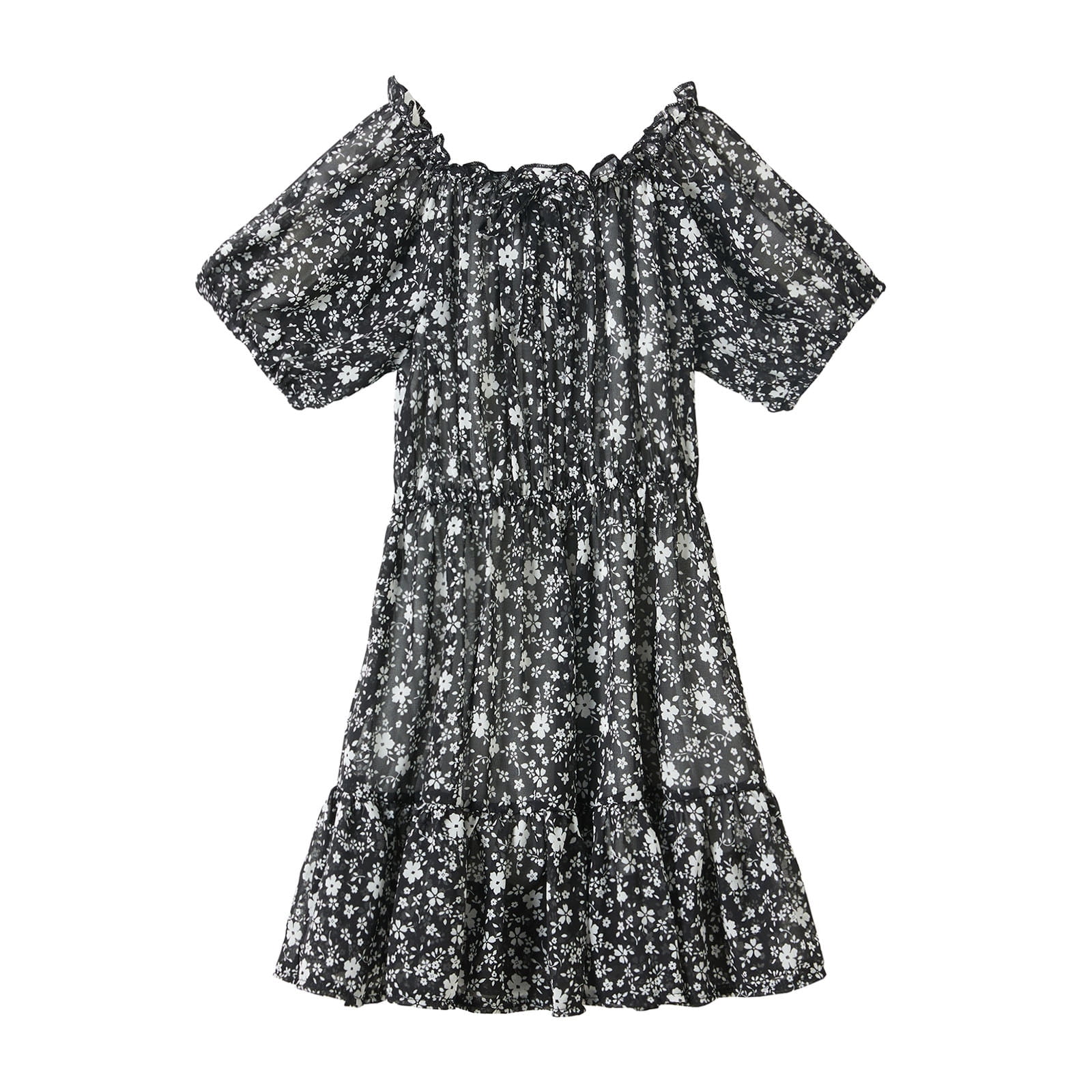 LittleSpring Girls Black Dress Short Sleeve Chiffon Floral Dress Off ...