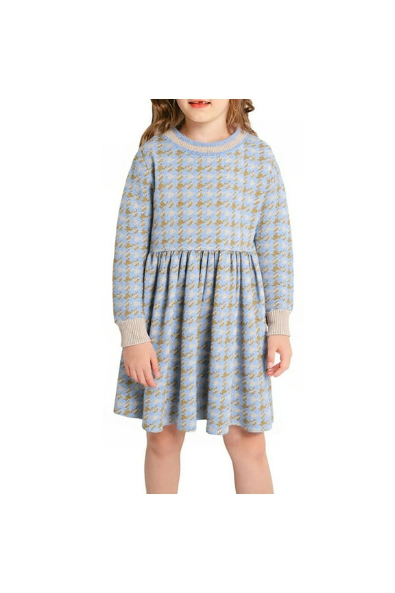 Girls Knit Dress with Plaid Round Neck Clothes for Kids Long Sleeve Dress Sweater Blue 4T