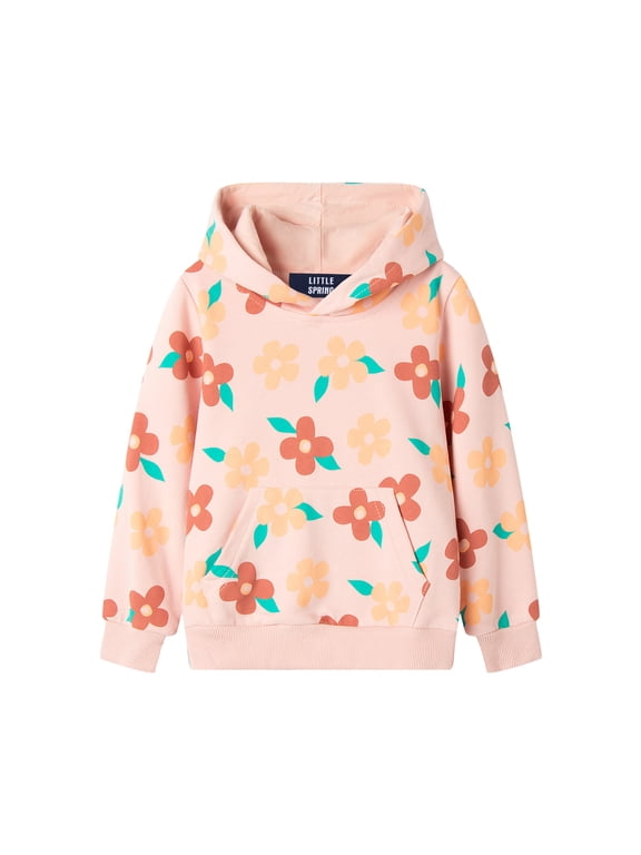 Girls' Long Sleeve Casual Hooded Sweatshirt Kids' Hooded Pullover Fall Floral Print and Fall Top with Pocket 4T