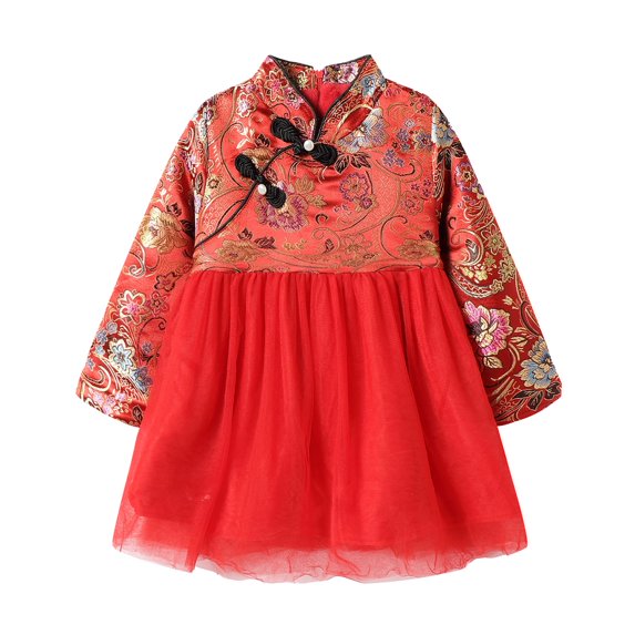LittleSpring Girls Qipao Dress Long Sleeve Fleece Lined for Little Girl Tutu Dress with Belt Winter Peony Red Size 6-7