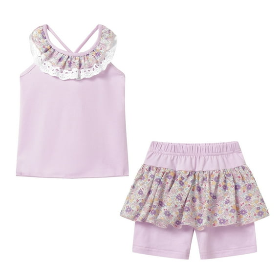 LittleSpring Girls Summer Outfits for Little Girl Floral Tank Top and Shorts 2 Pc,Purple Size 6