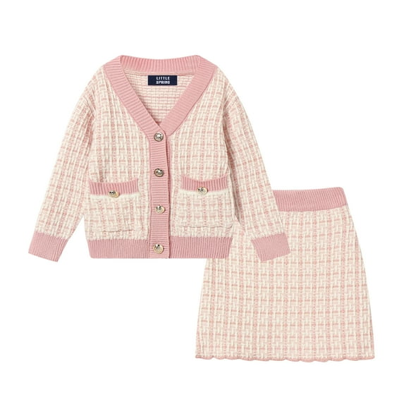 LittleSpring Girls Two Piece 4T Button Front Long Sleeve Tweed Jacket and Skirt Set Pink