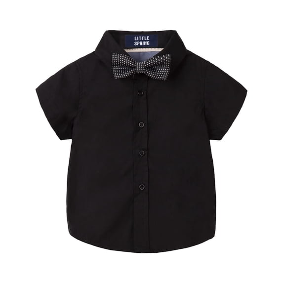 LittleSpring Little Boys Black Dress Shirt Button Down Uniform Shirt with Bow Tie Short Sleeve Solid Size 6