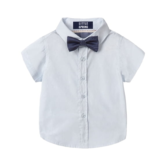 LittleSpring Toddler Boys Short Sleeve Button Down Shirt with Bow Tie Dress Shirt Lightweight Solid Light Blue 4T