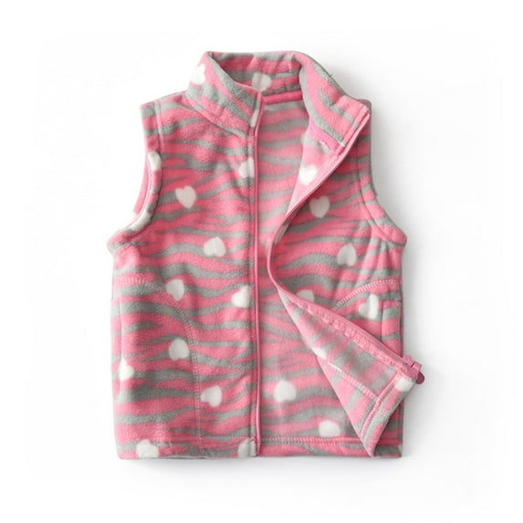 LittleSpring Kids' Girls' Plush Vest Jacket Sleeveless Winter Vest Fleece Zipper Cute Soft Jacket Pink Love Zebra Print 4T