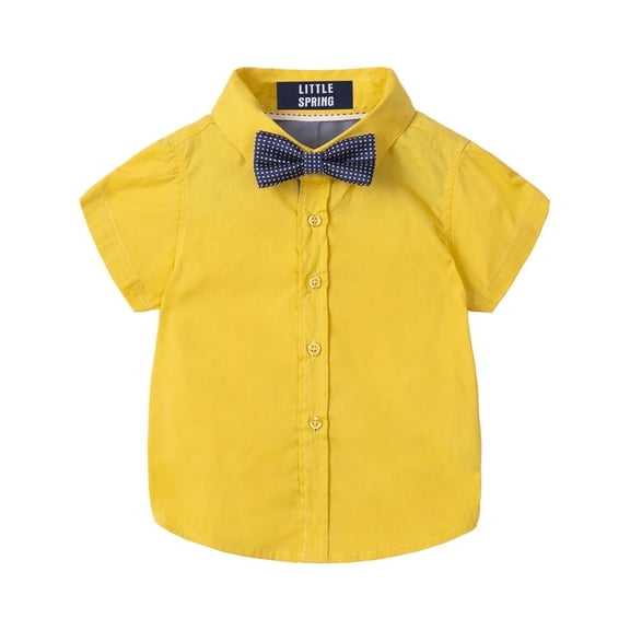 LittleSpring Kids Shirts Boys Size 6 Dress Shirt Short Sleeve Button Up Yellow Shirt with Bow Collared Summer