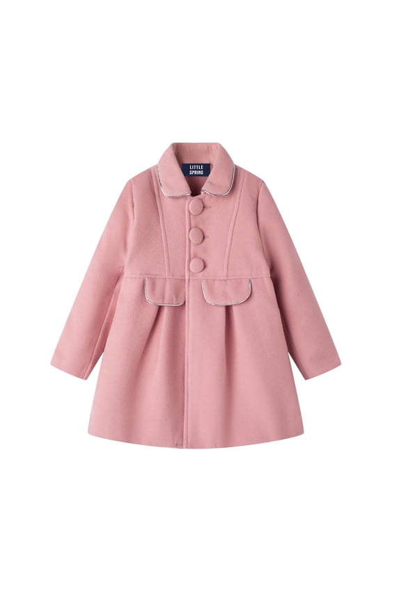 Kids Winter Jacket Long Sleeve Button Girls Dress Coat Size 7-8 Faux Wool Peacoat Lapel Pink Midweight