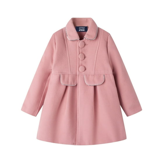 LittleSpring Kids Winter Jacket Long Sleeve Button Girls Dress Coat Size 7-8 Faux Wool Peacoat Lapel Pink Midweight