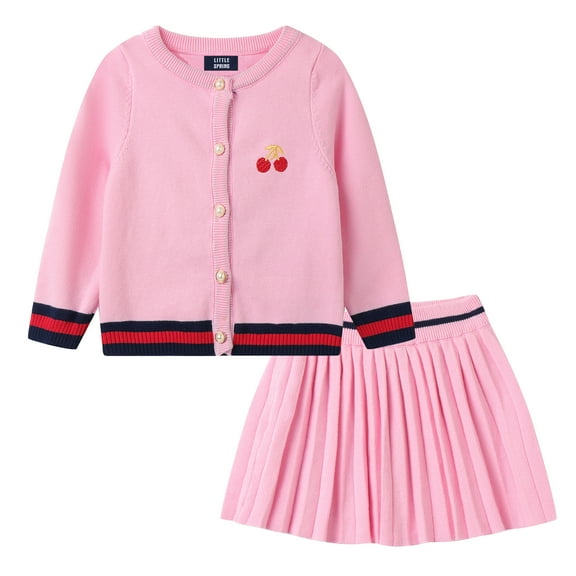 LittleSpring Baby Girls Skirt Sets Long Sleeve Knit Cardigan Outfits for Kids Sweater Cherry Pink 12-18 Months