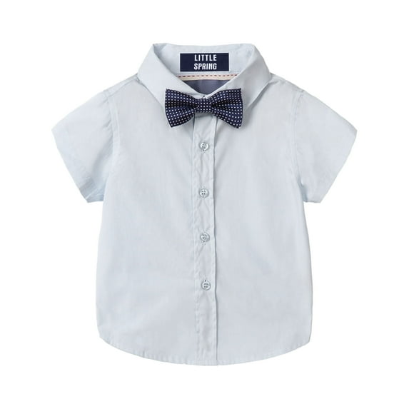 LittleSpring Little Boys Dress Shirt Size 6 Short Sleeve Button Down Shirt with Bow Tie Relaxed Fit Solid Light Blue