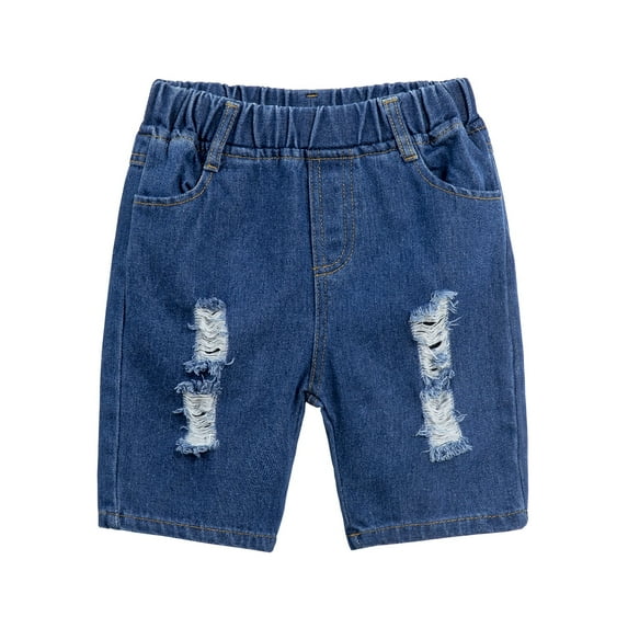 LittleSpring Little Boys Elastic Waist Denim Shorts Ripped Pull On Deep Blue Short Size 7-8