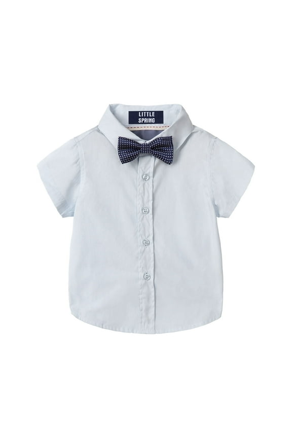 Little Boys Short Sleeve Button Down Shirt with Bow Tie Dress Shirt Lightweight Solid Light Blue 5T