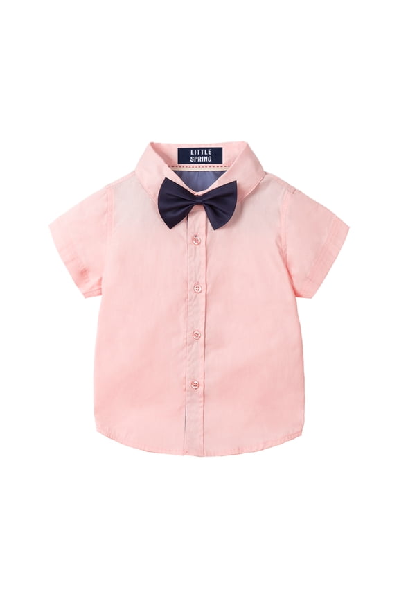 Little Boys Button Down Shirt with Bow Tie, Solid Pink, Size 6