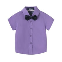 LittleSpring Little Boys Short Sleeve Button Down Shirt with Bow Tie Dress Shirt Lightweight Solid Purple 5T