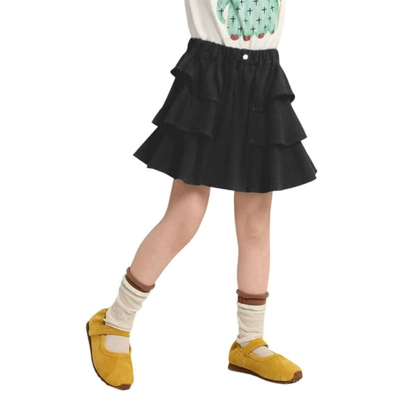 LittleSpring Little Girls Black Skirts Pleated Denim Skorts Elastic Waist Jeans Skirt with Undershorts Size 7-8