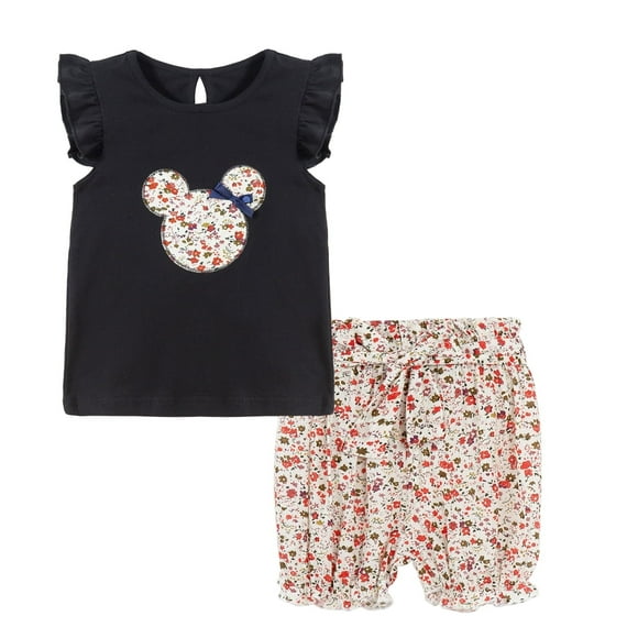 LittleSpring Little Girls Black Summer Outfits T-Shirt and Floral Shorts Set 2 Piece Outfit Cartton Pattern 5T