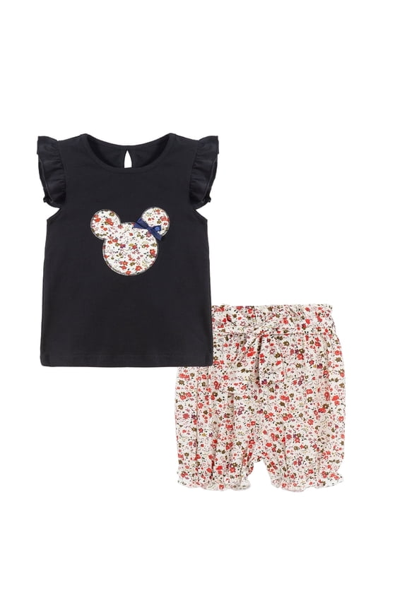 Little Girls Black Summer Outfits T-Shirt and Floral Shorts Set 2 Piece Outfit Cartton Pattern Size 7-8