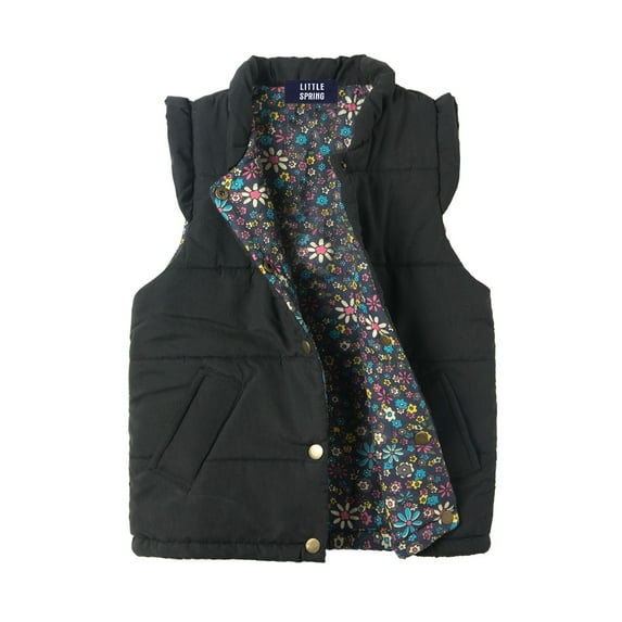 LittleSpring Little Girls Black Vest Sleeveless Solid Color Snap Button Soft Vest Jacket Warm Outerwear 5T