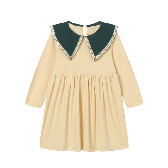 LittleSpring Little Girls Long Sleeve Dress 5T Peter Pan Collar Dress Knee-Length Stretchy Rib Knit Beige