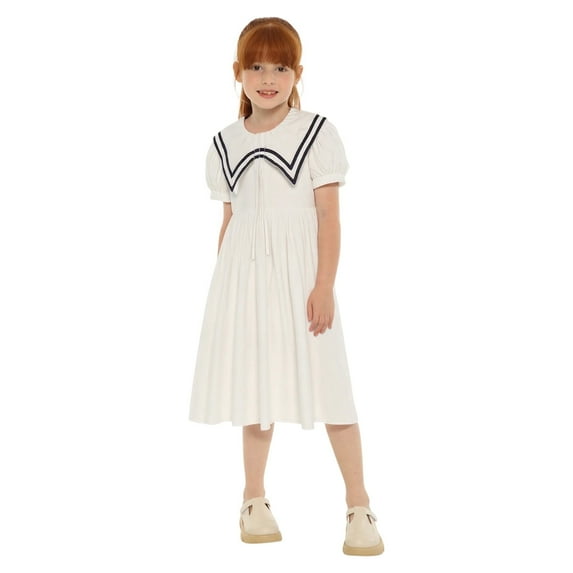LittleSpring Little Girls Nautical Sailor Dress Shirts White Uniform Dress Short Sleeve Waist Ties 4T