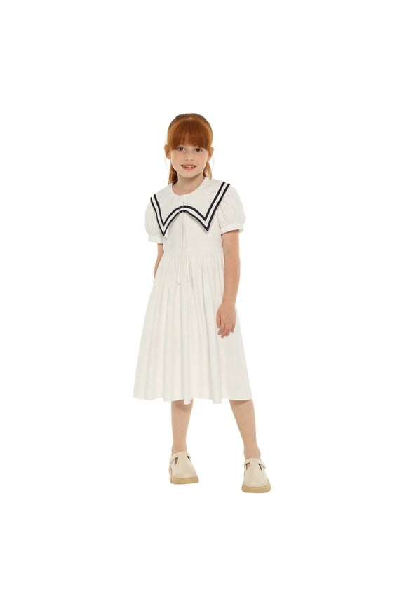 Little Girls Nautical Sailor Dress Shirts White Uniform Dress Short Sleeve Waist Ties 4T