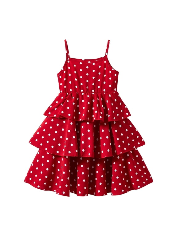 Little Girls Polka Dot Red Dress Sleeveless Dress Spaghetti Strap Tiered Clothes Size 5