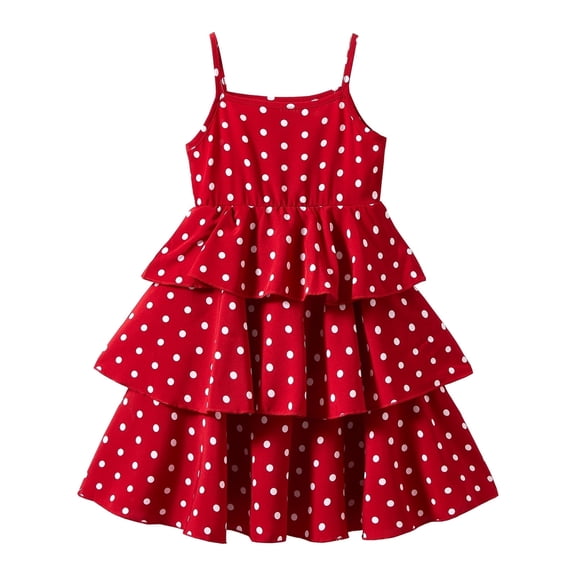LittleSpring Little Girls Polka Dot Red Spaghetti Strap Sleeveless Dress, Size 7