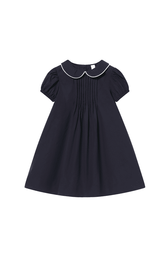 Little Girls Short Sleeve Dress Peter Pan Collar School Uniform Dresses Casual Solid Navy Blue 5T