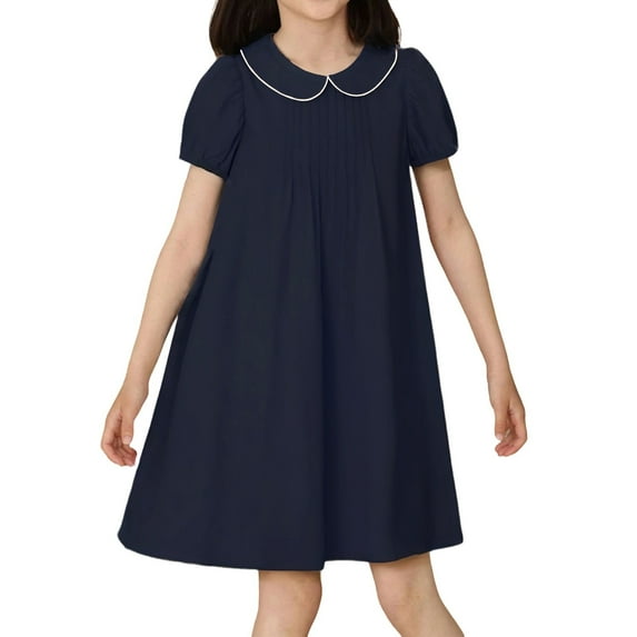 LittleSpring Little Girls Short Sleeve Dress Peter Pan Collar School Uniform Dresses Casual Solid Navy Blue 5T