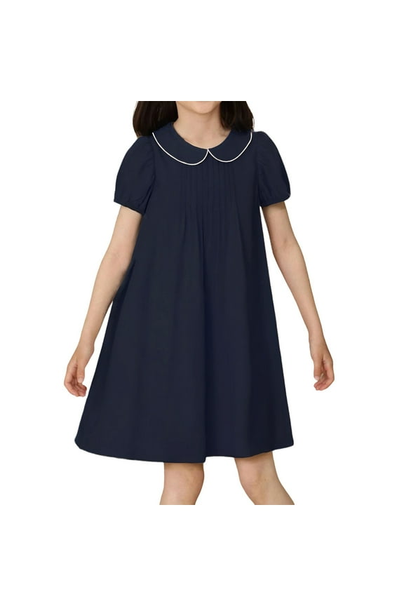 Little Girls Short Sleeve Dress Peter Pan Collar School Uniform Dresses Casual Solid Navy Blue Size 7-8