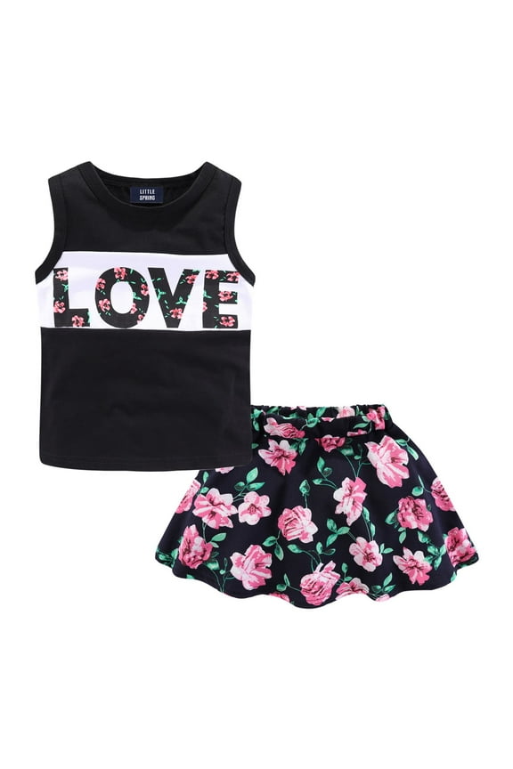 Little Girls Summer 2 Piece Outfits Kids Tank Top and Skirt Sets Casual Black Size 6