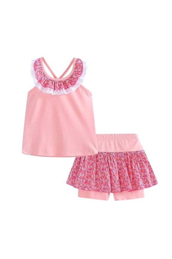 Floral Tank Top and Shorts 2 Pc Casual Outfit, Little Girls Pink 5T