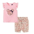 thumbnail image 1 of LittleSpring Little Girls Summer Outfits T-Shirt and Floral Shorts Set 2 Piece Outfit with Belt Cartton Pattern Pink 5T, 1 of 6