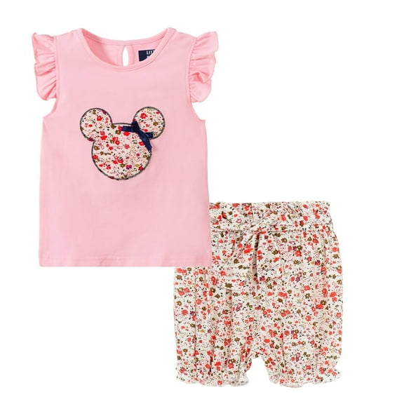 LittleSpring Little Girls Summer Outfits T-Shirt and Floral Shorts Set 2 Piece Outfit with Belt Cartton Pattern Pink Size 6