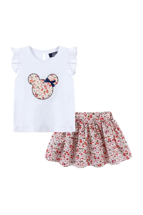 Little Girls Summer Outfits T-shirt and Skirt Set 2 Pcs Floral Cartoon Pattern White 5T