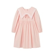 LITTLESPRING Long Sleeve Dress for Girls Peter Pan Collar Dress 4T Toddler Pink Dress Knee-Length Nautical Zipper Waist Ties