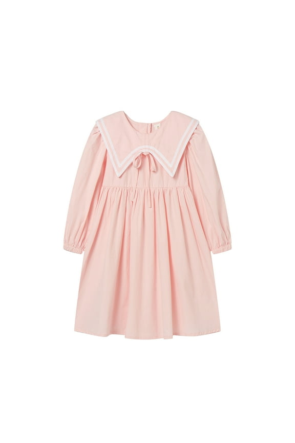 Long Sleeve Dress for Girls Peter Pan Collar Dress 4T Toddler Pink Dress Knee-Length Nautical Zipper Waist Ties