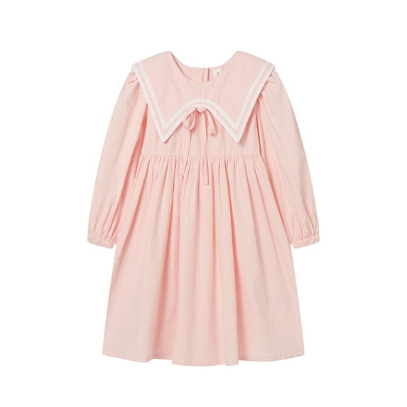 LittleSpring Long Sleeve Dress for Girls Peter Pan Collar Dress Size 6-7 Kids Pink Dress Knee-Length Nautical Zipper Waist Ties