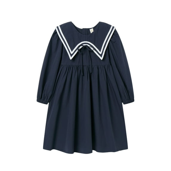 LittleSpring Navy Blue Dress for Girls Uniform Dresses Long Sleeve Cotton Dress Waist Ties Zip Up Knee-Length Nautical 4T