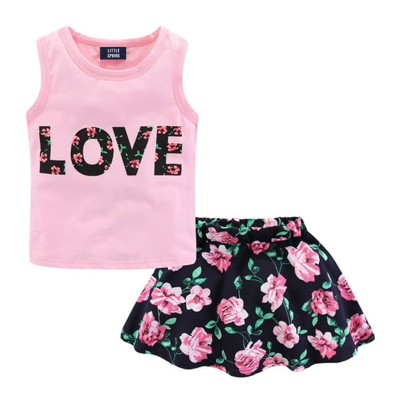 LittleSpring Pink Floral Tank Top and Skirt Set, Little Girls' Casual Outfit, Size 7-8