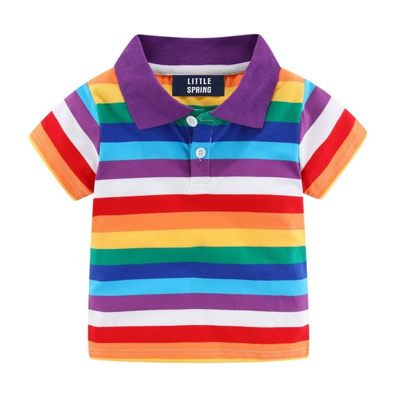 LittleSpring Little Boys Polo Shirts Short Sleeve Rainbow Striped Summer Tops Size 6